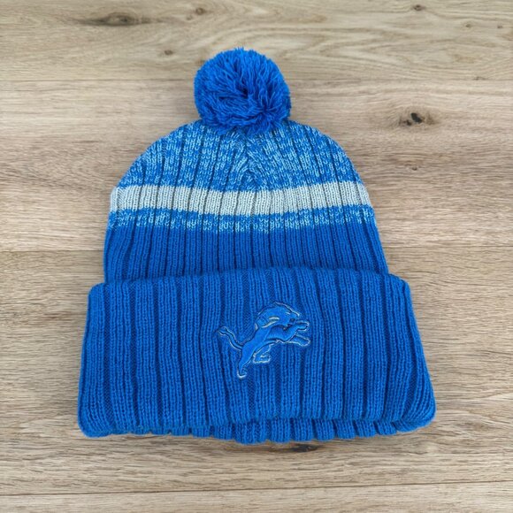 NFL Detroit Lions Knit Beanie Pom Hat OSFA Blue Football Winter Logo Warm EUC - Picture 1 of 8